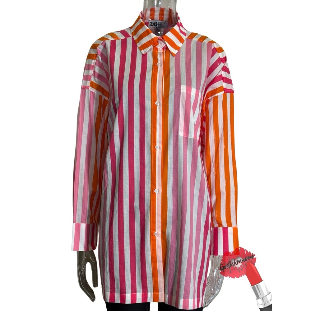 Beach Riot Cover Up Shirt Womens L/XL Pink Orange Button Down Alexa Stripe Top‎